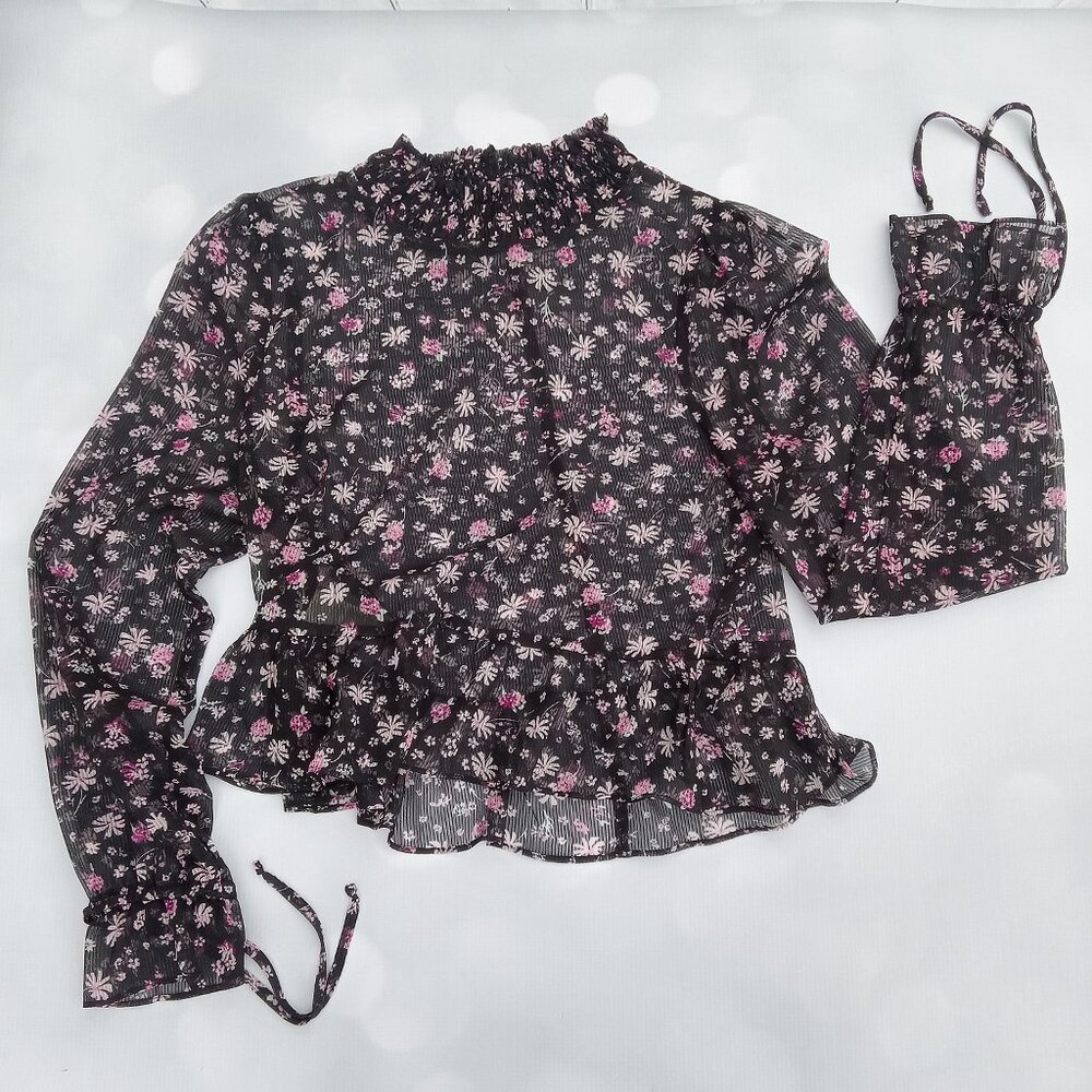 BCBGeneration Sheer Floral Print Chiffon Smocked Top In Black Size XS